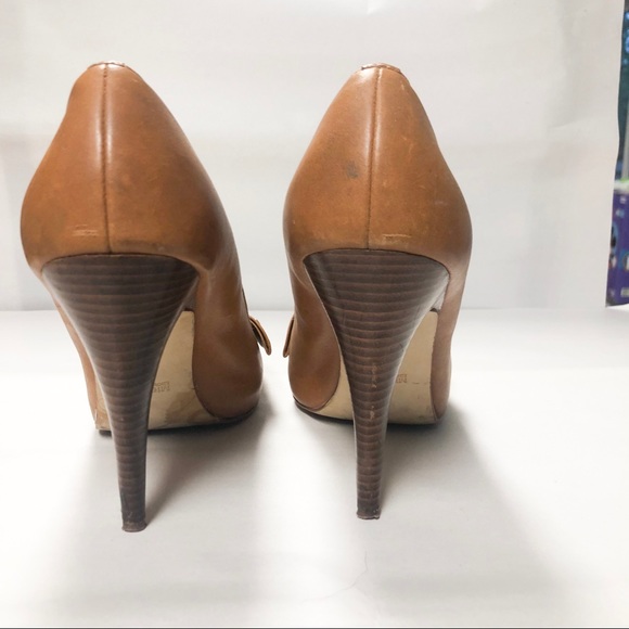 Michael Kors Cognac Leather Peep Toe Heels W/ Bow - Picture 5 of 7